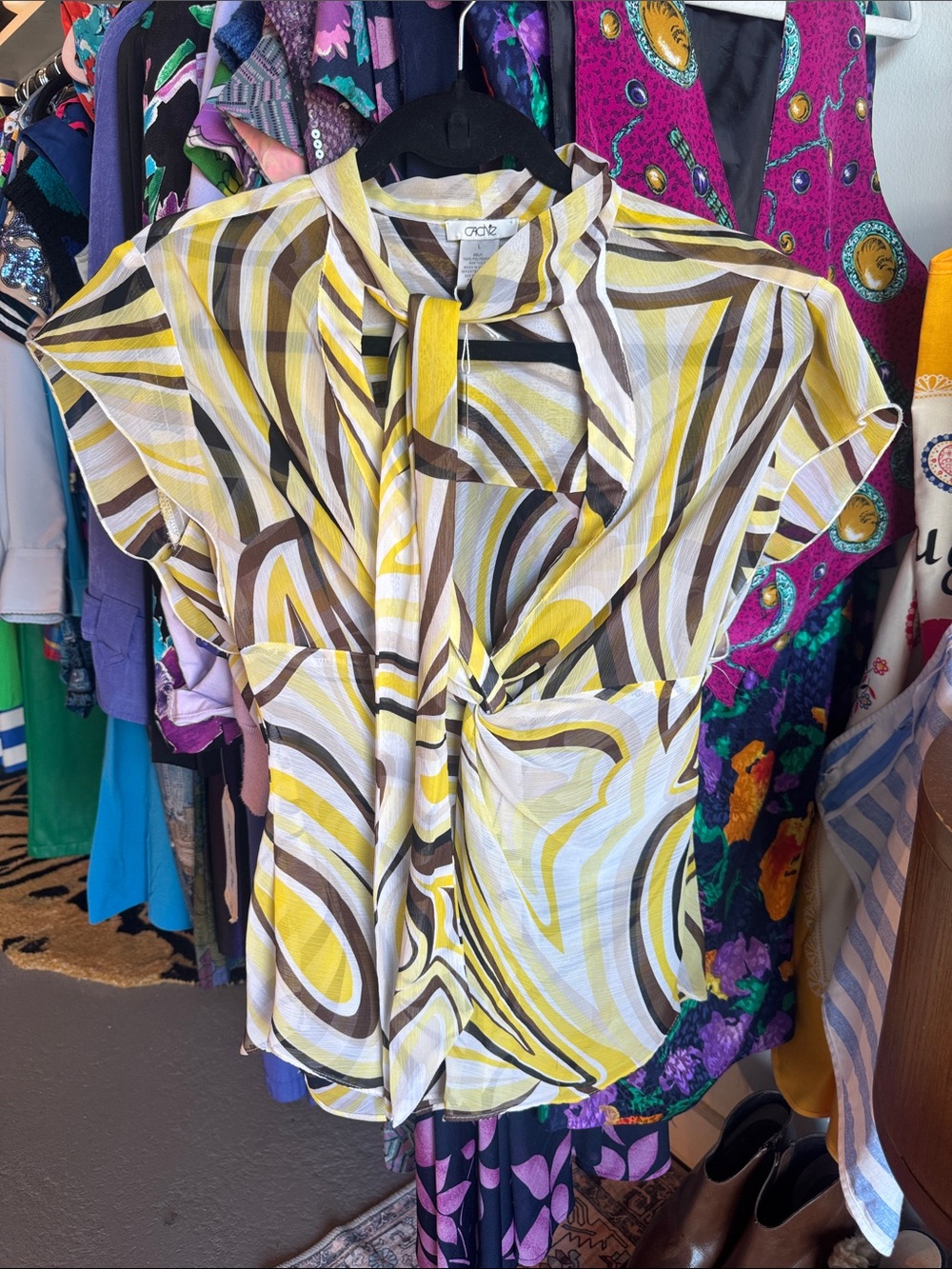 Vintage Caché Tie-Neck Blouse in Yellow Multi Sheer Design
